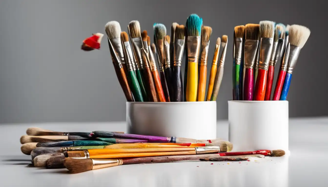 A colorful palette of paintbrushes and a blank canvas, ready for creative content voice enhancement.