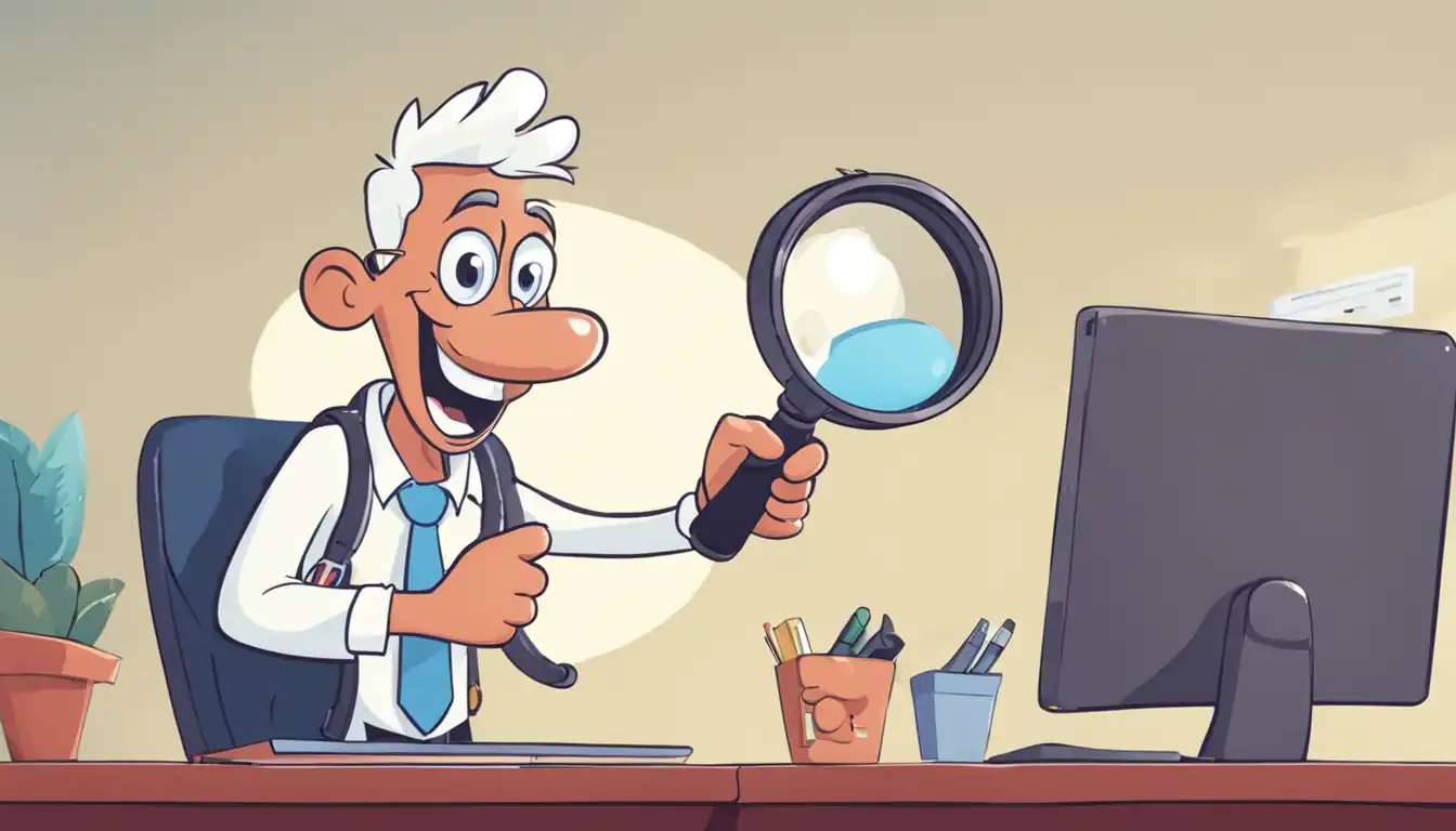 A smiling cartoon character holding a magnifying glass, examining keywords on a computer screen.