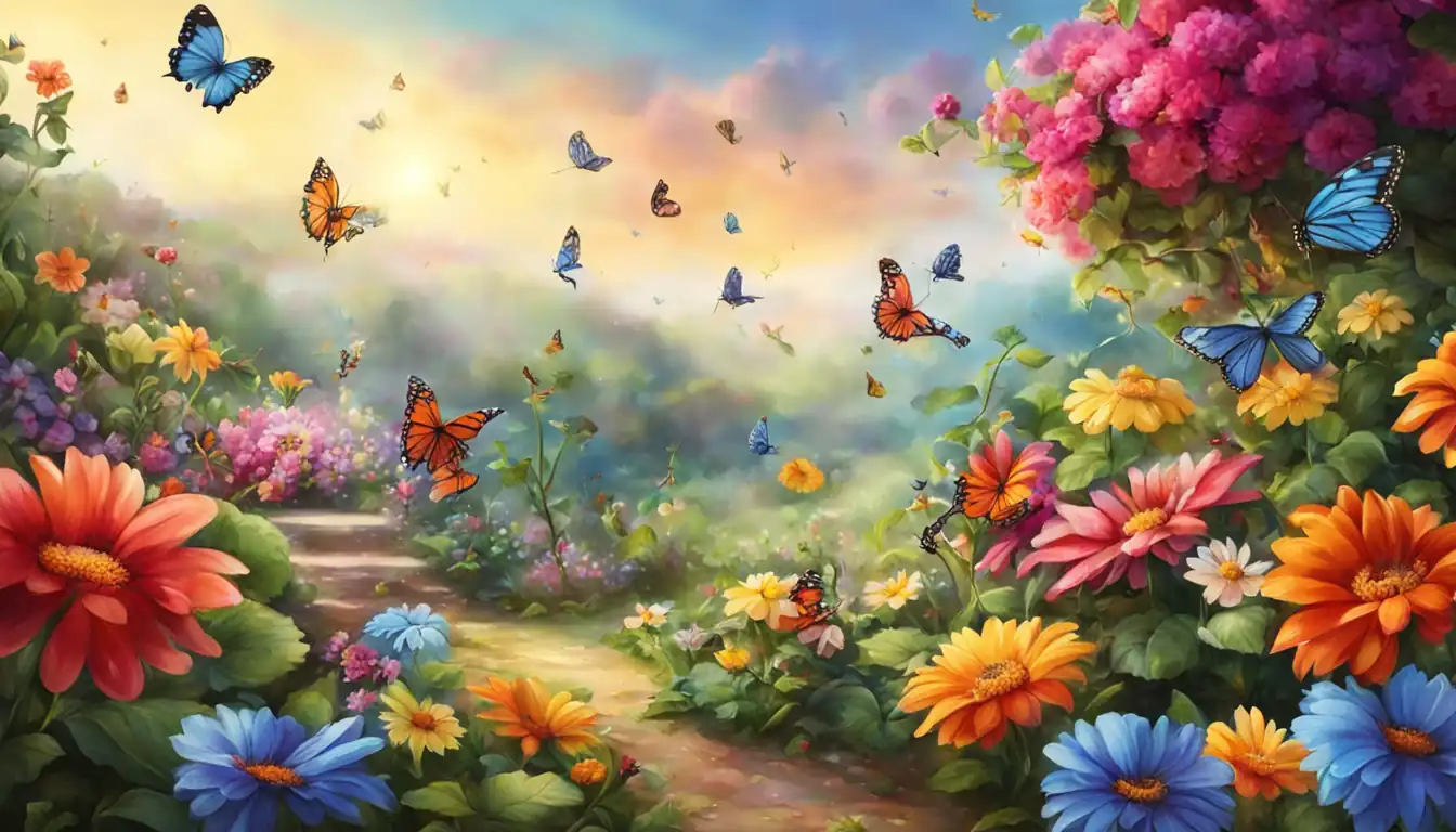A vibrant garden with blooming flowers and butterflies, symbolizing growth and freshness in content creation.