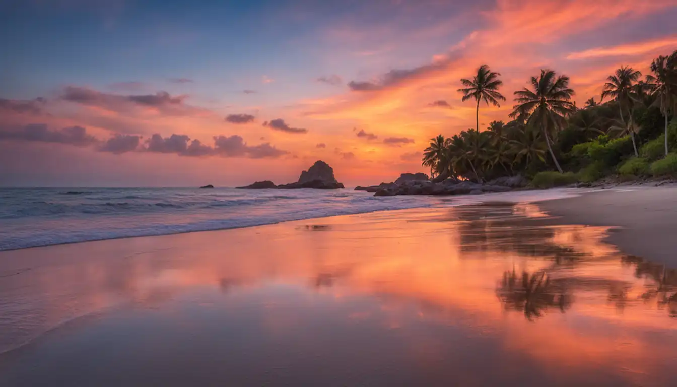 A serene beach at sunset with vibrant colors reflecting on the calm water.