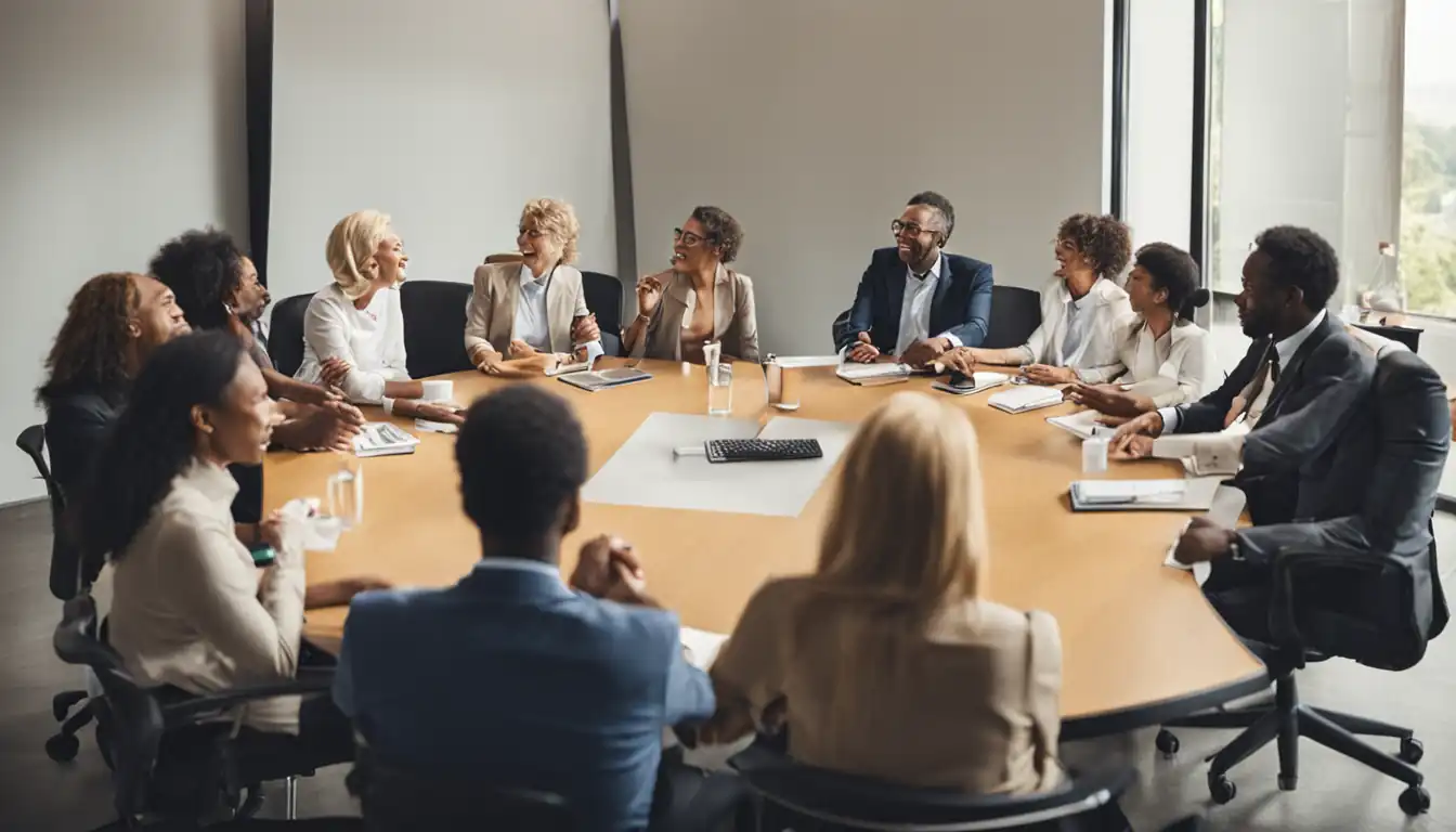 A diverse group of people engaging in a lively discussion around a conference table.
