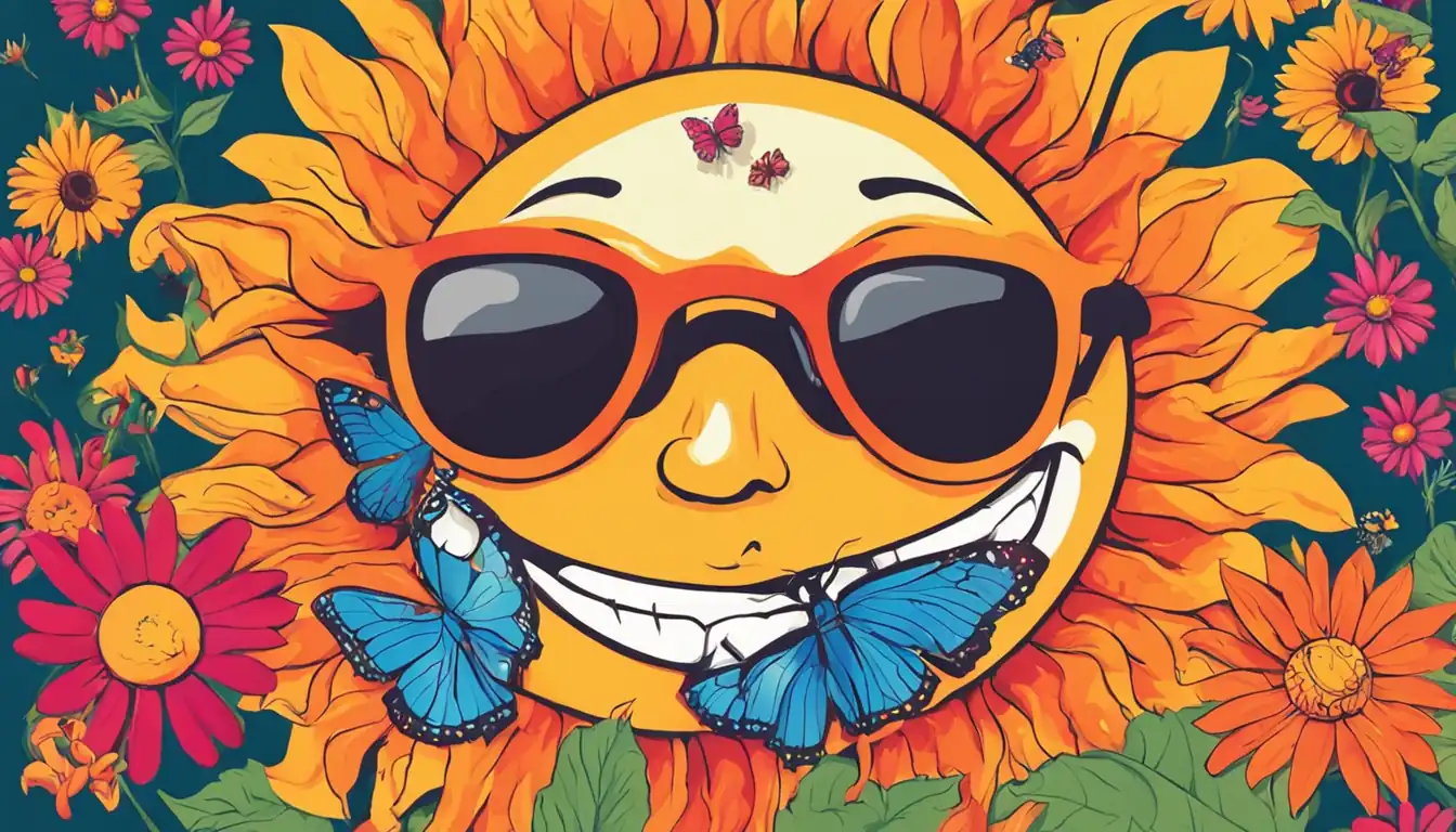 Colorful, eye-catching graphic of a smiling sun with sunglasses surrounded by vibrant flowers and butterflies.