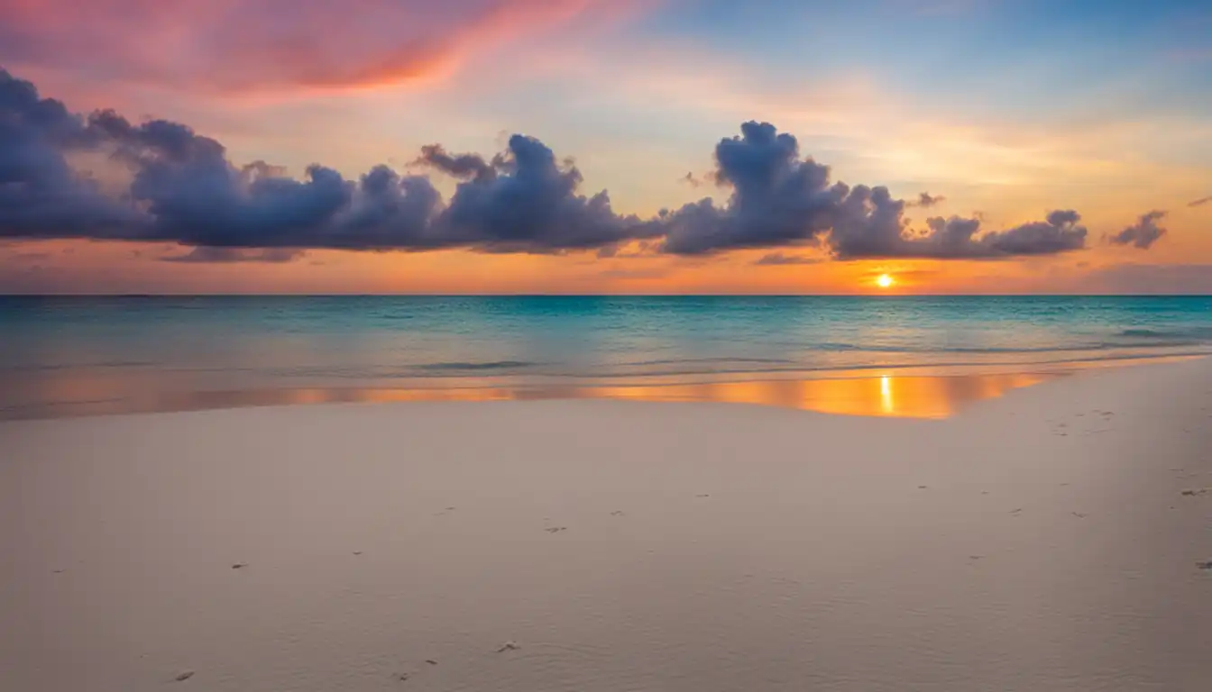 A serene beach with clear blue waters, white sand, and a colorful sunset in the background.