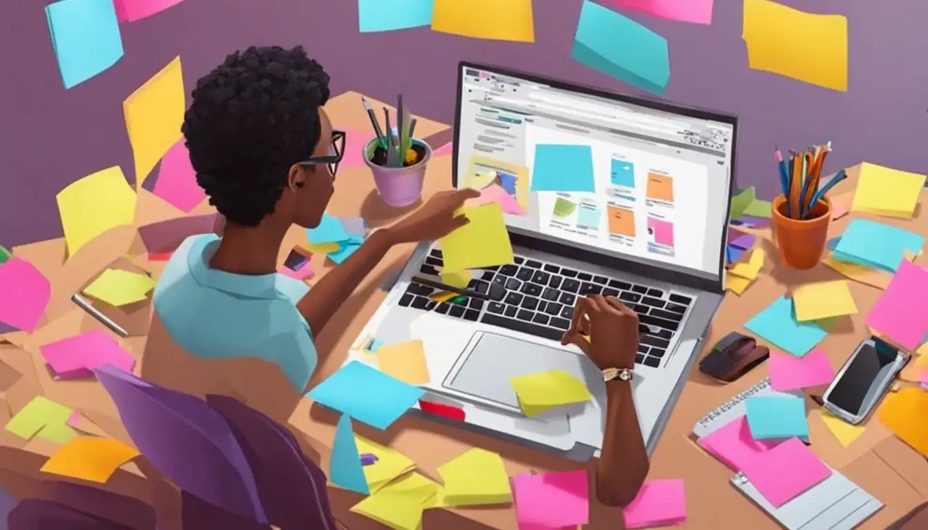 A person typing on a laptop, surrounded by colorful sticky notes and brainstorming ideas.