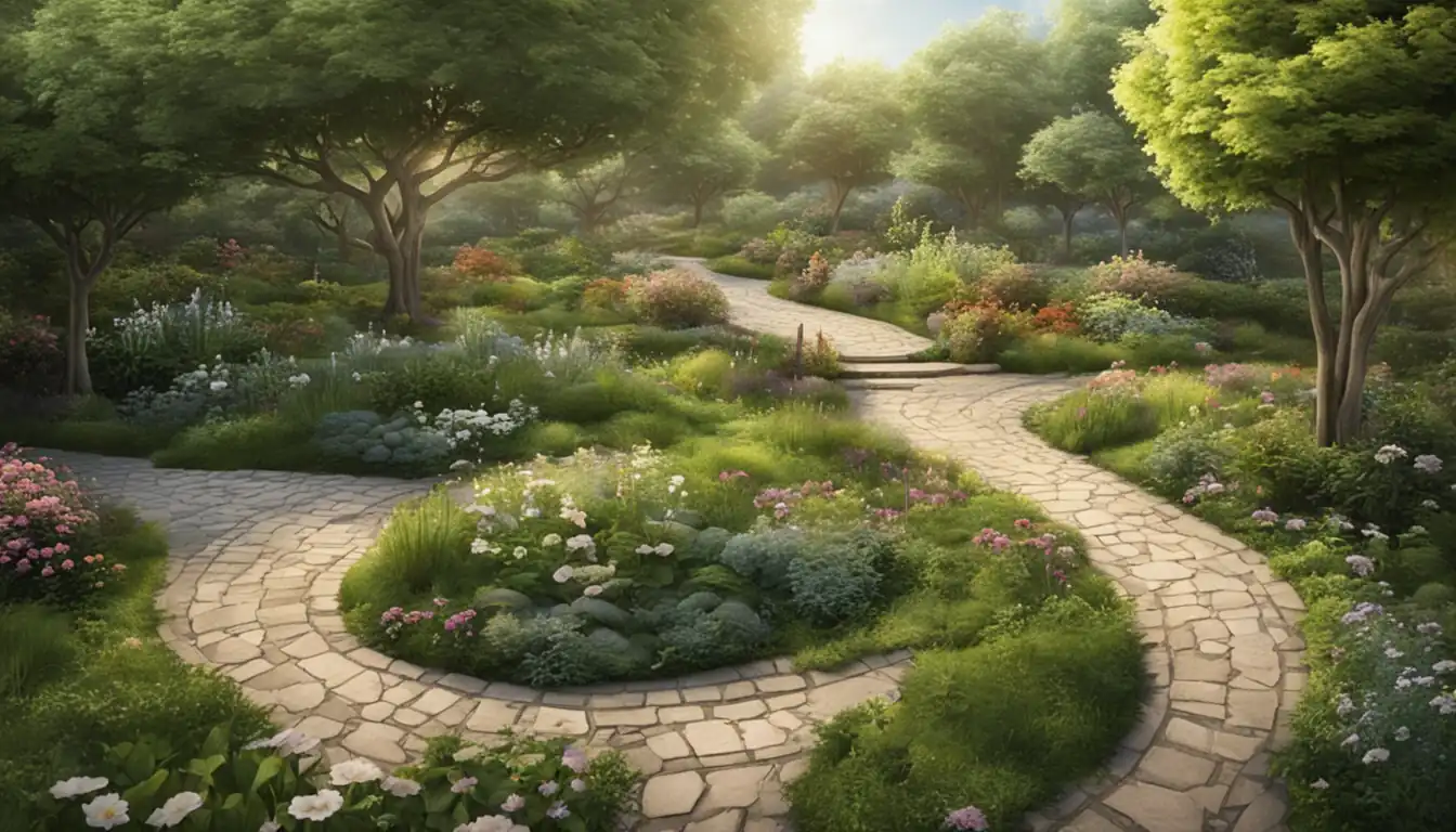 A serene garden with a winding path, representing the continuous monitoring and maintenance of backlink strategy.