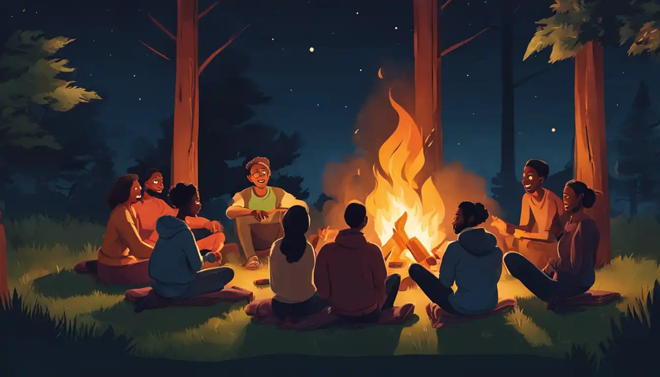 A diverse group of people engaging in a lively discussion around a cozy campfire at night.