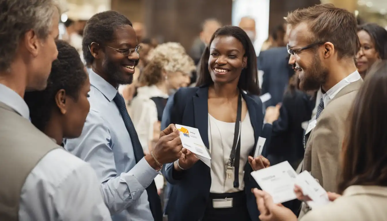 A diverse group of professionals networking at a conference, exchanging business cards and ideas.