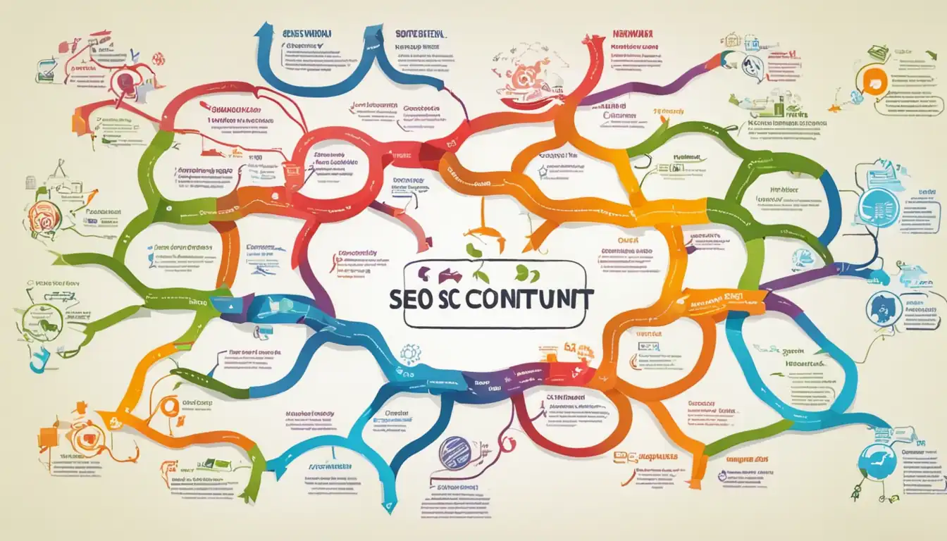 A colorful mind map with interconnected branches representing different aspects of SEO content internal linking strategies.
