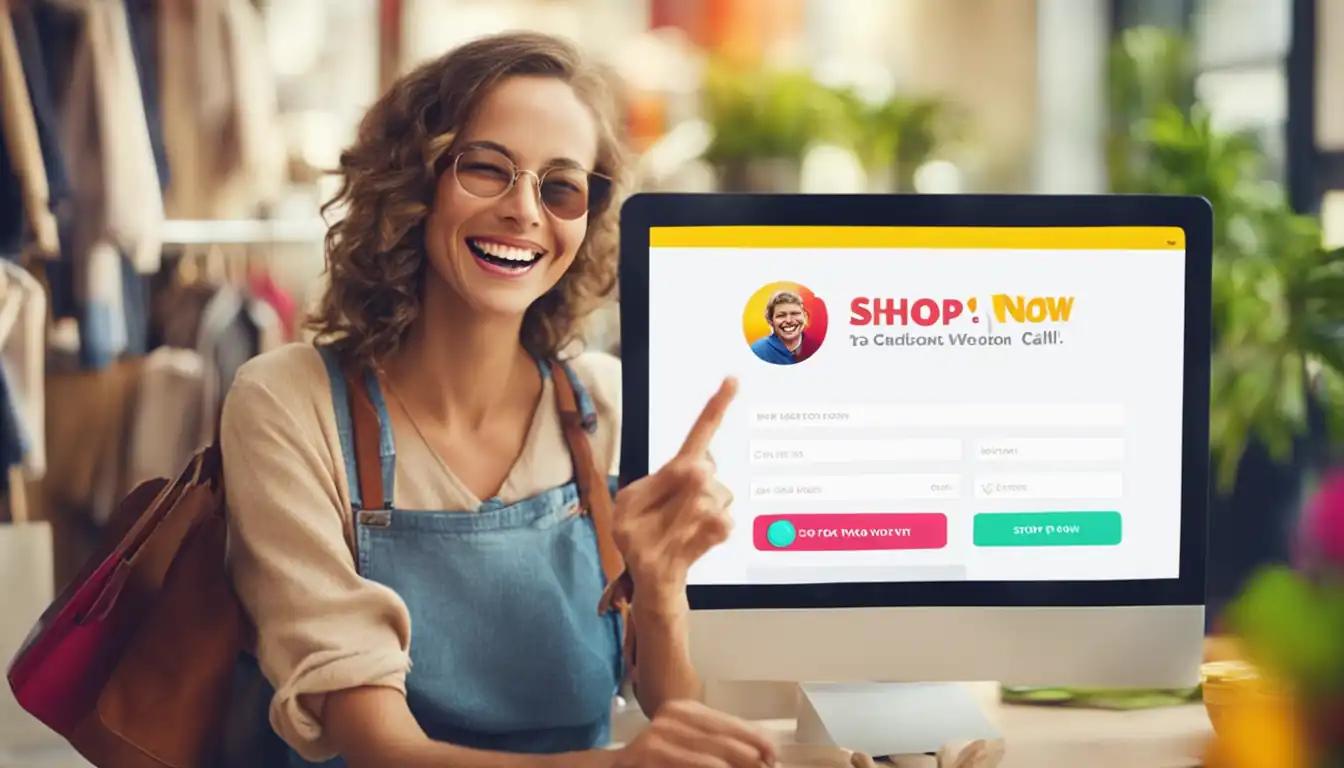 A smiling person clicking a bright, colorful button with a "Shop Now" call-to-action.
