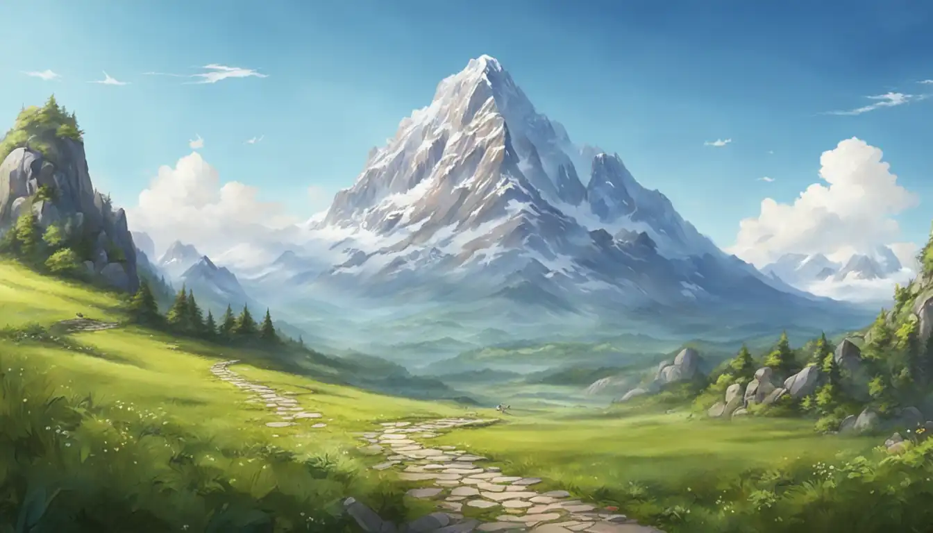A serene landscape with a winding path leading to a majestic mountain under a clear blue sky.