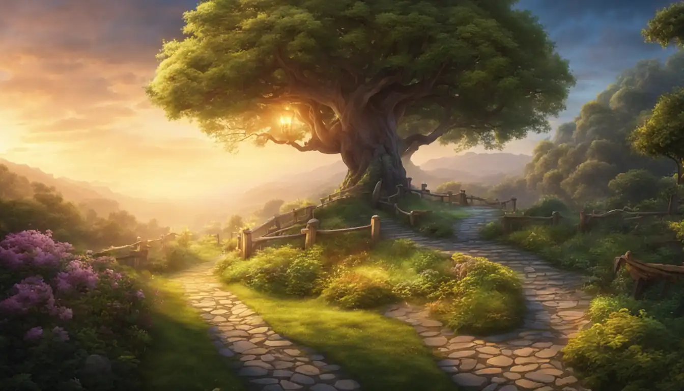 A serene landscape with a winding path leading to a glowing, majestic tree in a lush garden.