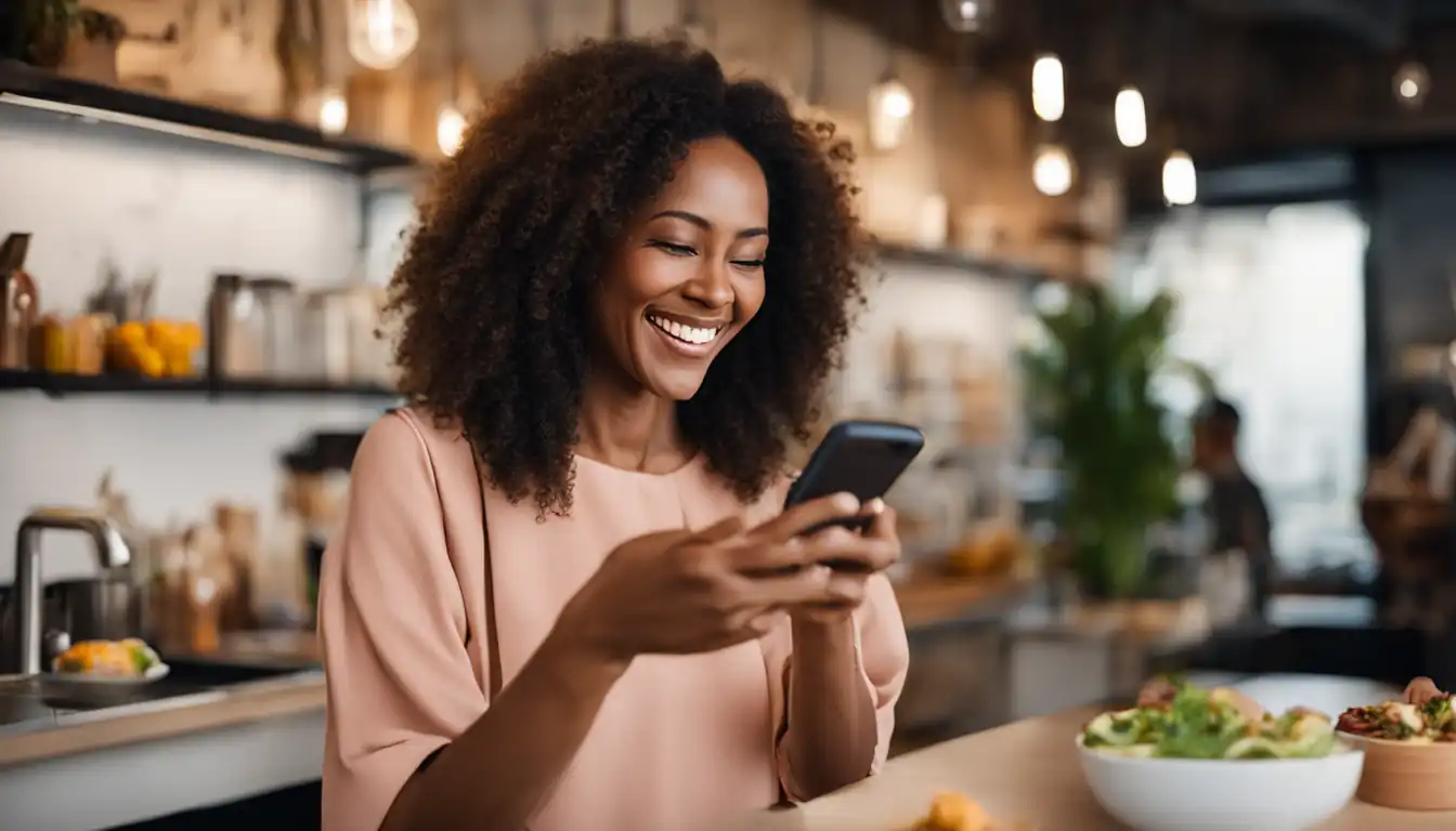 A smiling woman receiving personalized content recommendations on her sleek smartphone.