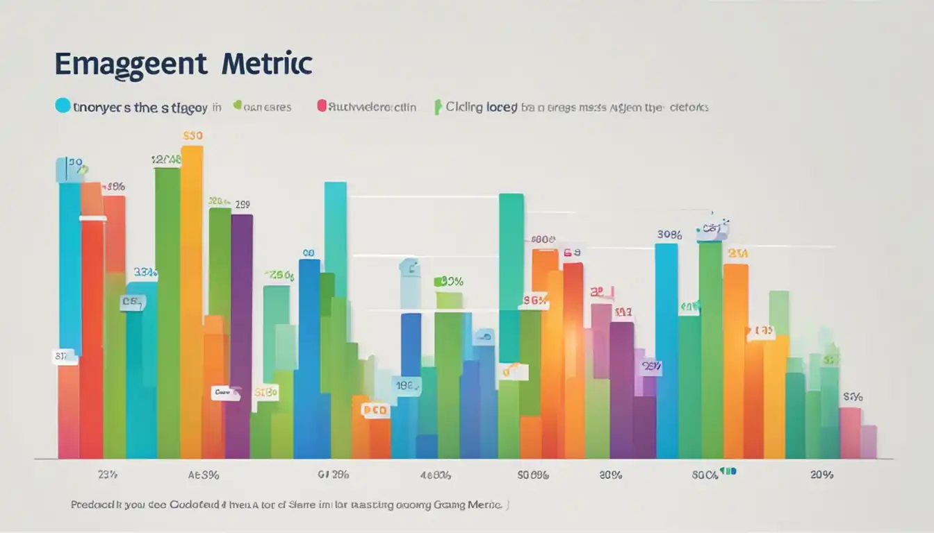 A colorful bar graph showing a steady increase in engagement metrics like clicks and shares.