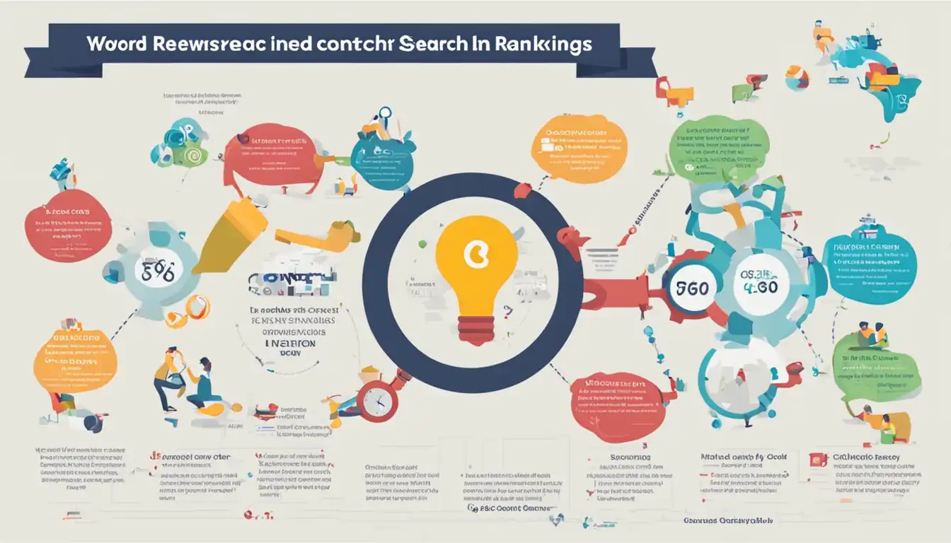 A colorful infographic showing the relationship between keyword research, content creation, and search engine rankings.
