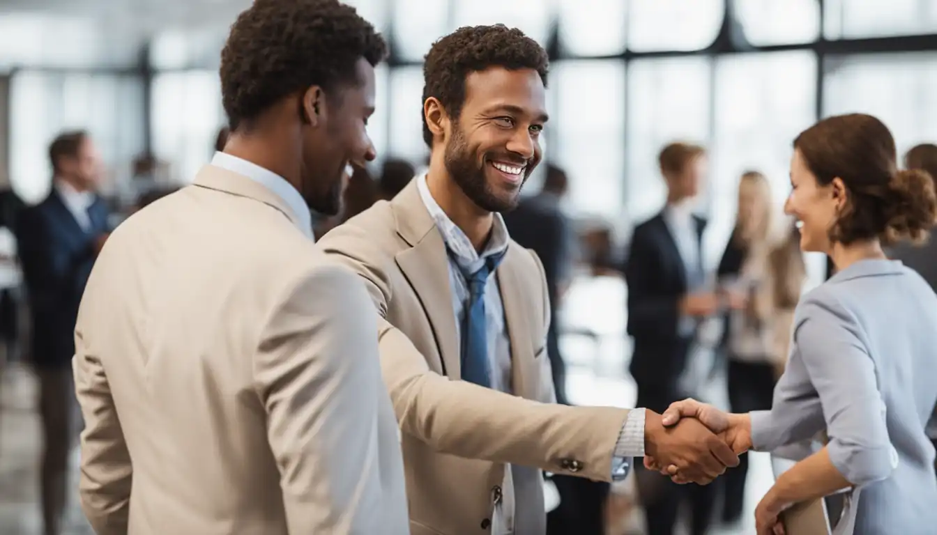 Two professionals shaking hands at a networking event, smiling and exchanging business cards.