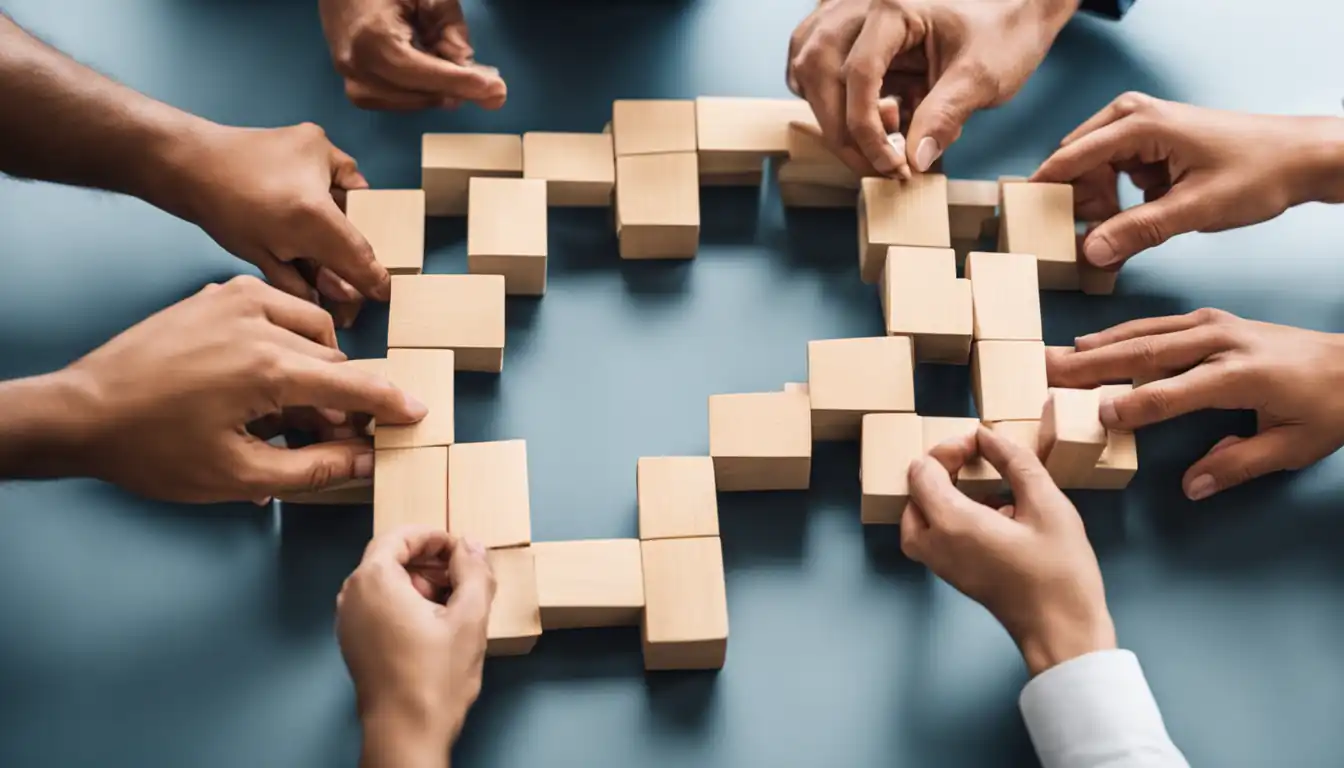 A diverse group of people building a chain of interconnected blocks, symbolizing link building collaboration.