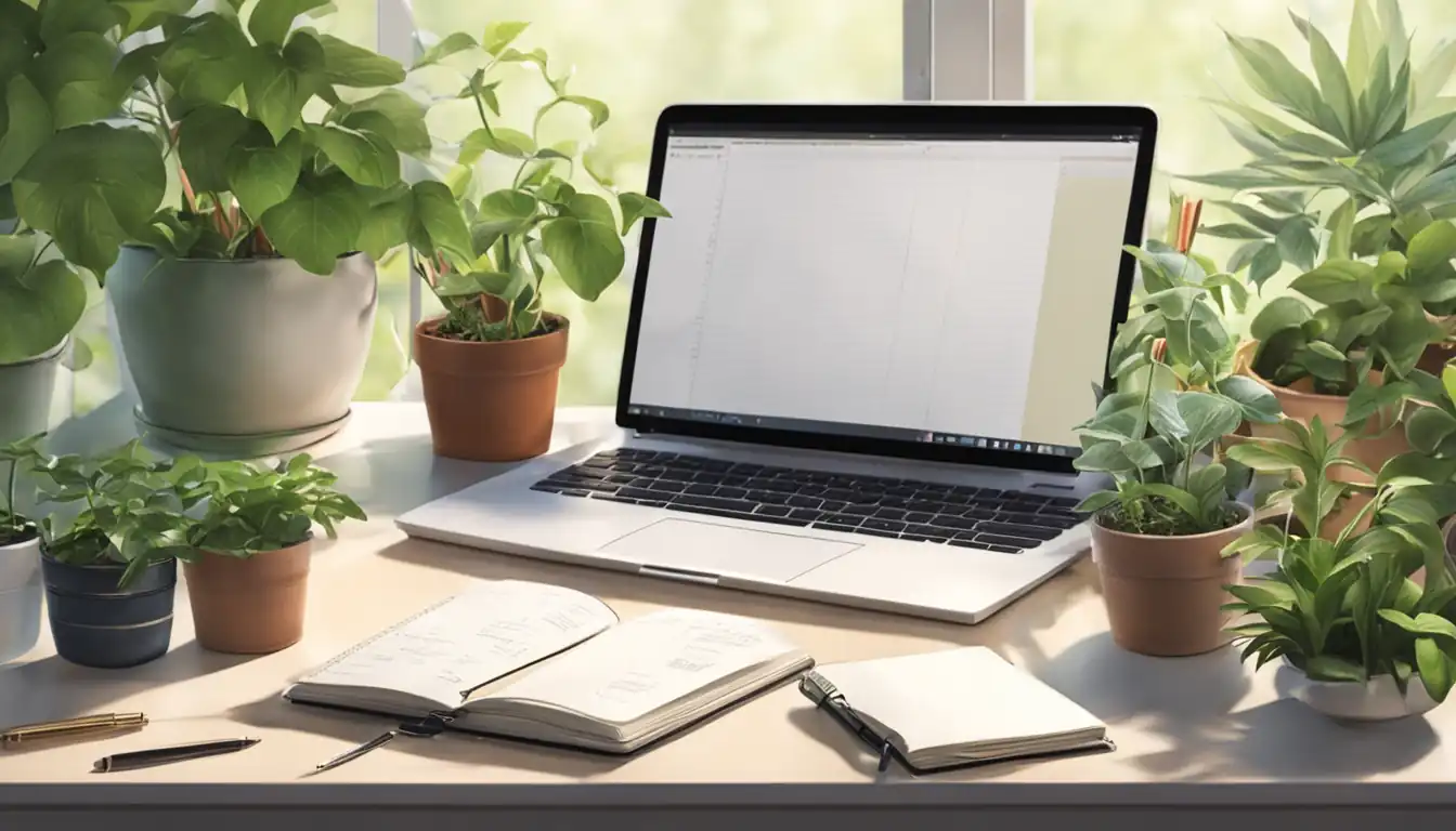 A serene, organized desk with a laptop, notebook, and pen surrounded by green plants.