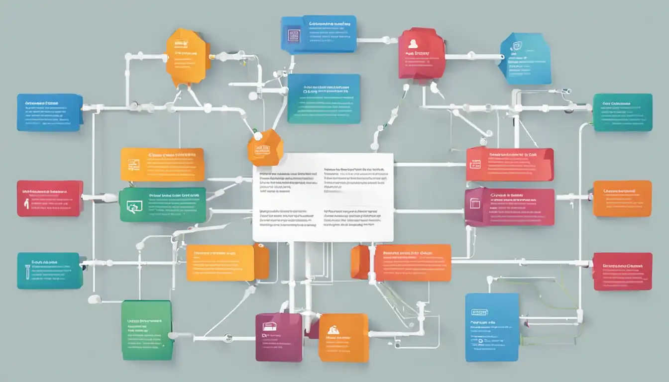 A colorful infographic showing a website structure with interconnected content blocks for SEO optimization.