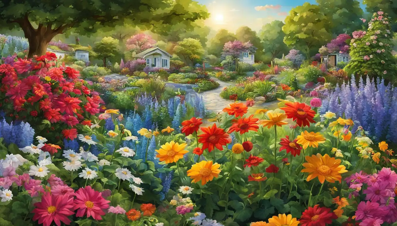 A vibrant, colorful garden with various flowers blooming under a bright blue sky.