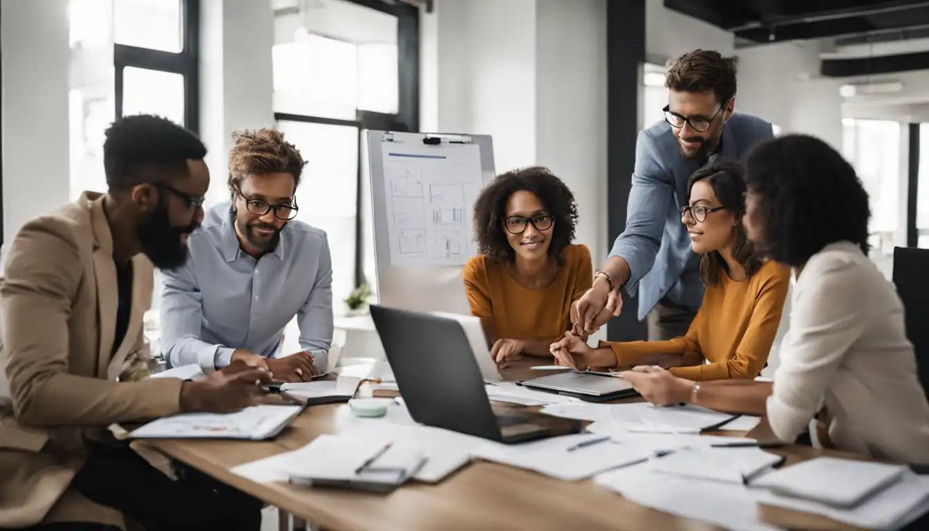 A diverse team of professionals collaborating around a conference table, discussing SEO [content migration](https://www.semrush.com/blog/website-migration-checklist/) strategy.