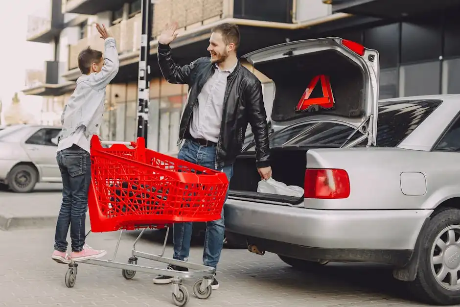 Full length of young father and little son in casual clothes giving high five to each other while moving shopping bags to trunk