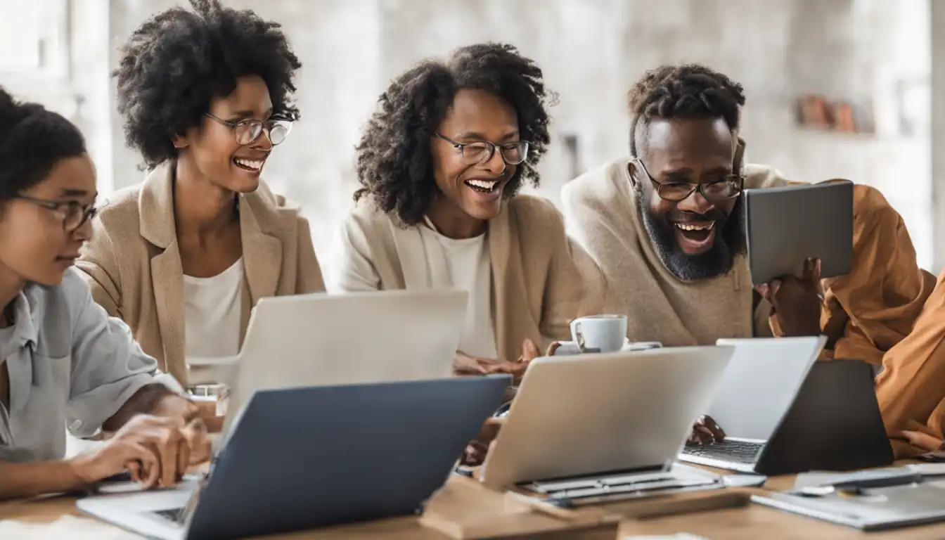 A diverse group of people collaborating on translating content, using laptops and language dictionaries.