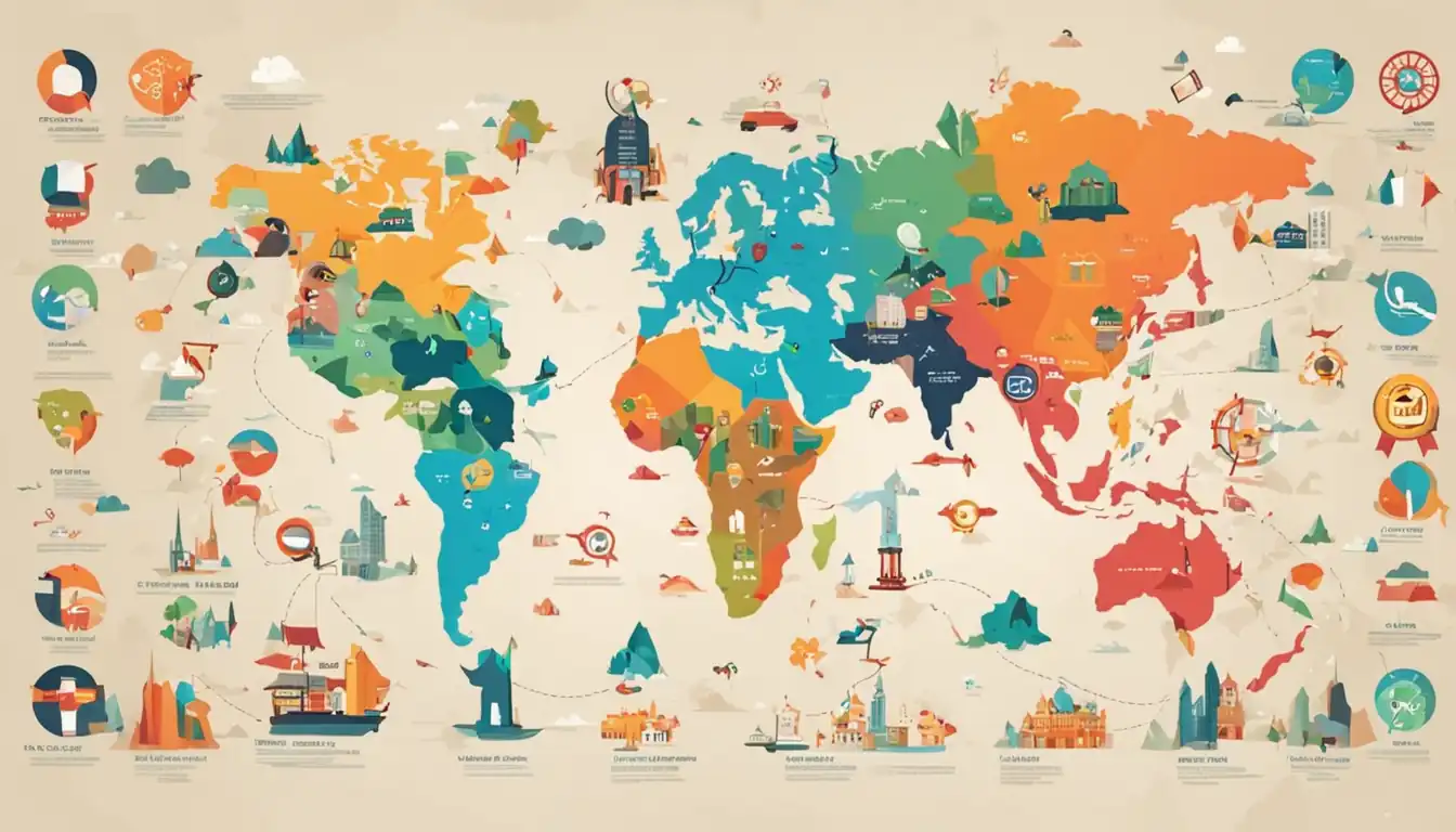 A colorful world map with SEO icons representing different languages and regions.