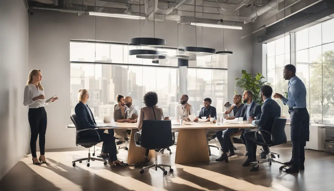 A diverse group of professionals brainstorming ideas together in a bright, modern conference room.