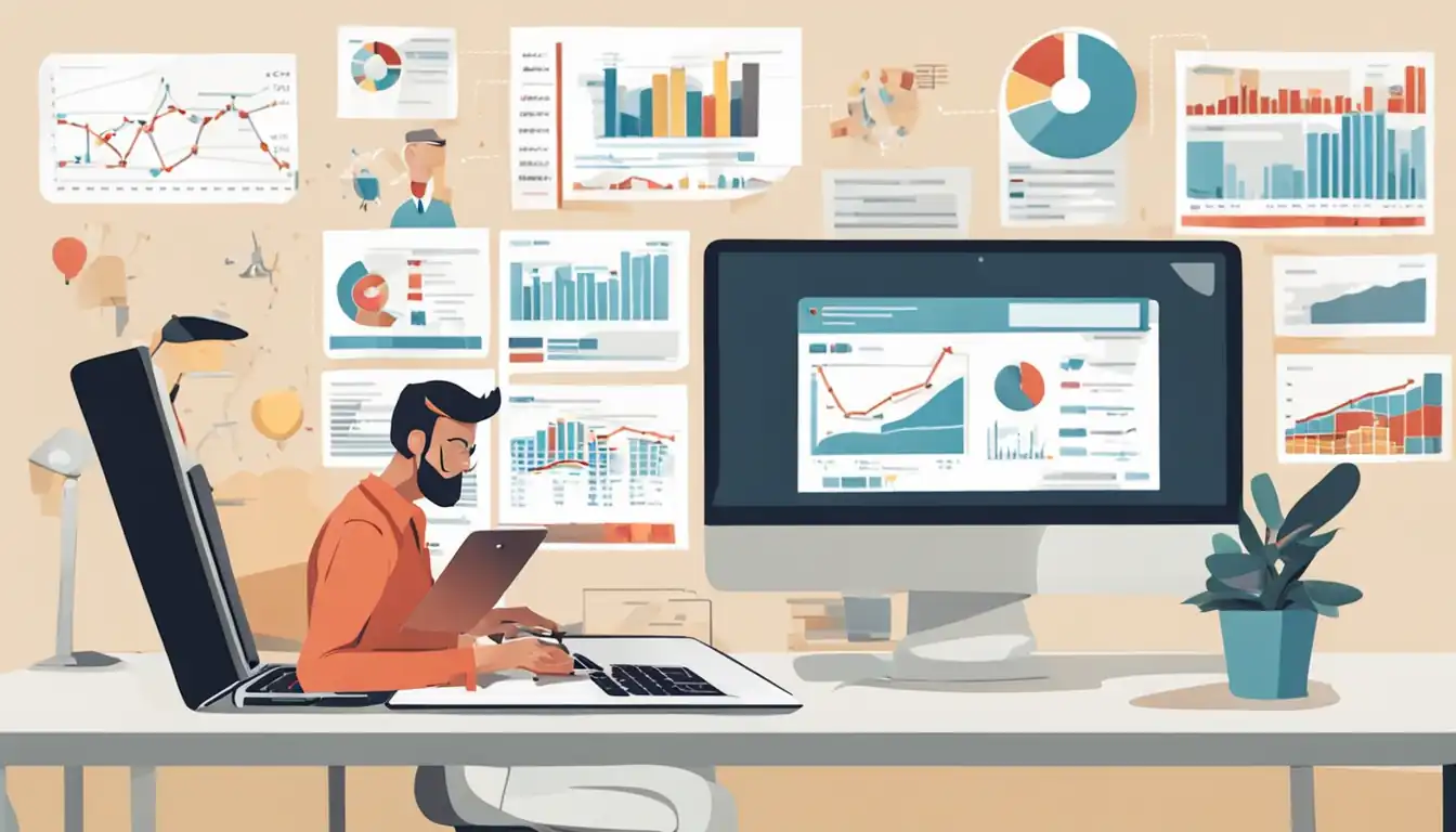 A person analyzing website traffic data on a laptop, surrounded by charts and graphs.