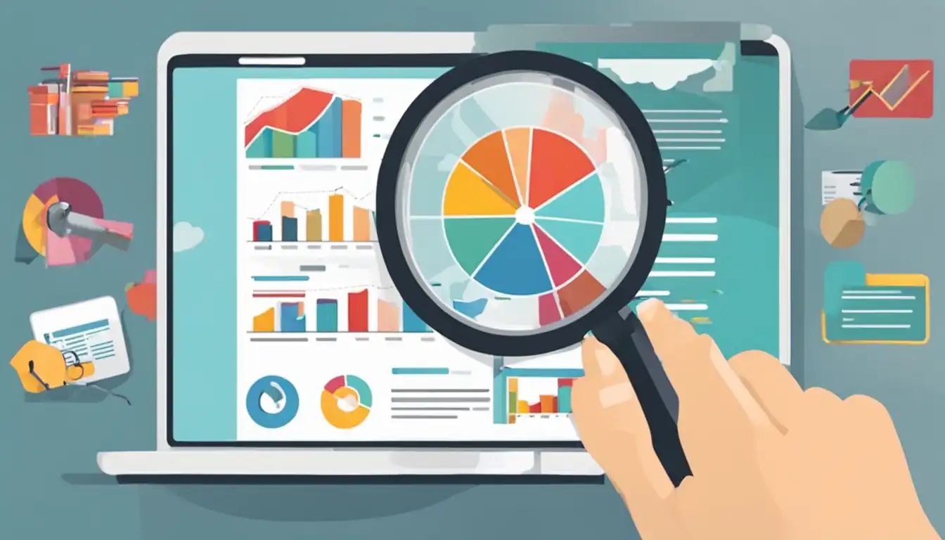 A person using a magnifying glass to analyze a colorful graph showing content gaps on a website.