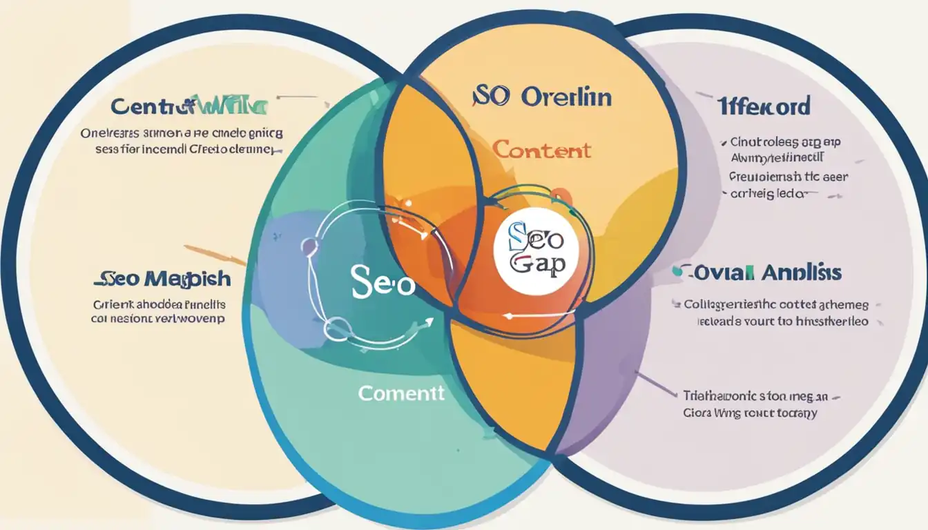 A colorful Venn diagram showing overlapping content areas, representing content gap analysis for SEO.