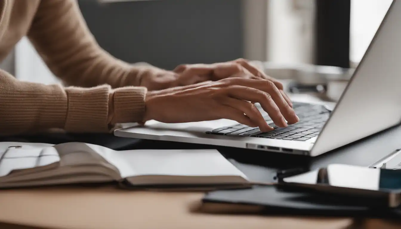 A person using a sleek, modern content curation tool on a laptop in a cozy home office.