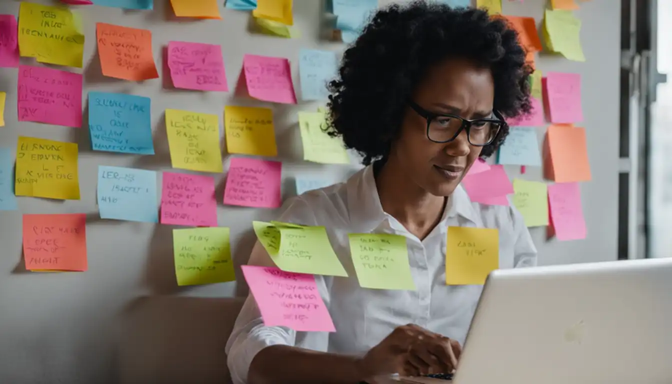 A person using a laptop surrounded by colorful sticky notes with various keywords written on them.