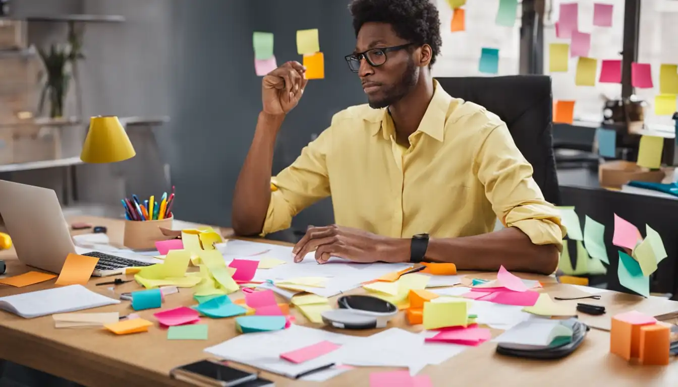 A person sitting at a desk surrounded by colorful sticky notes and brainstorming tools.