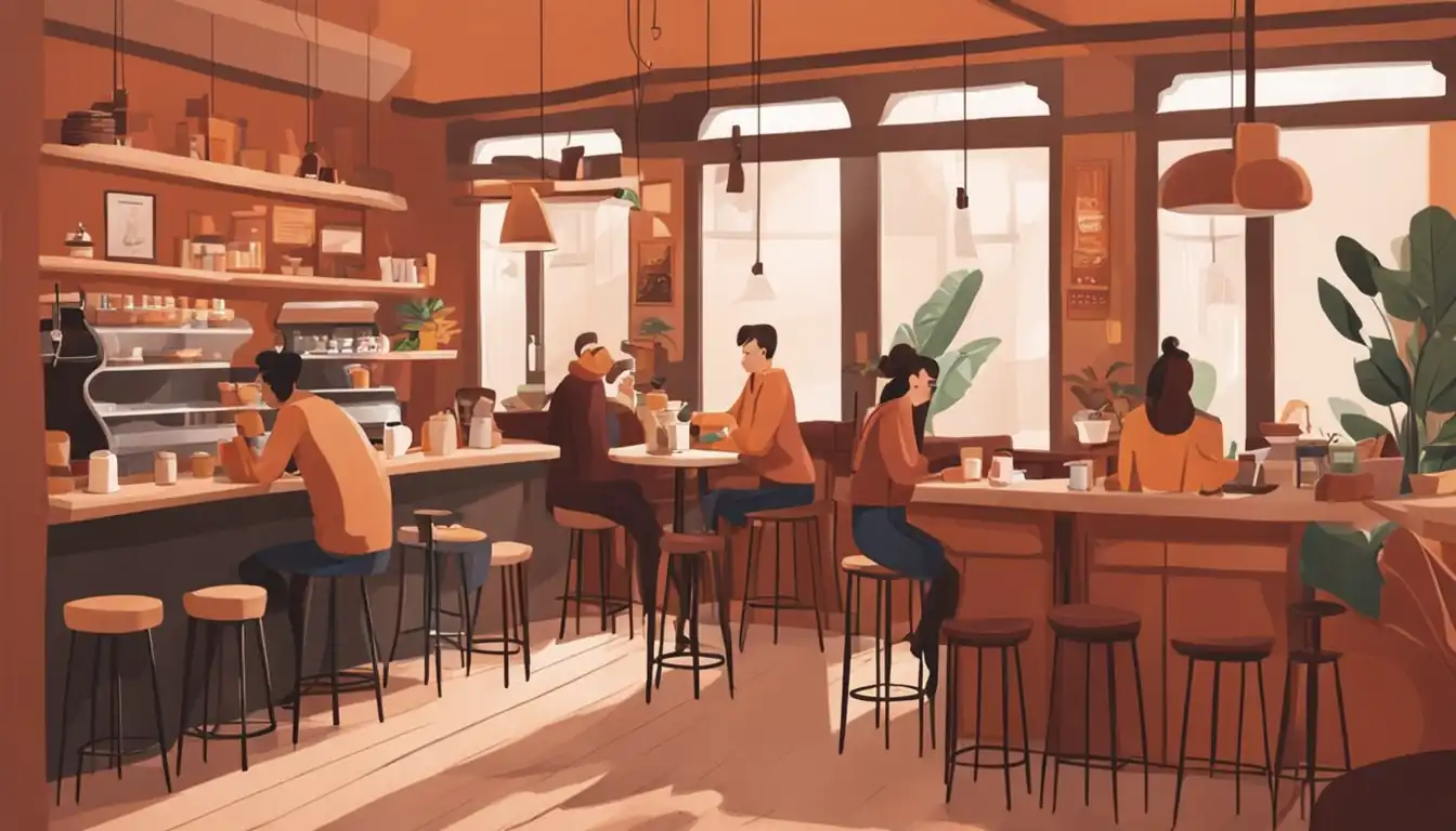 A cozy coffee shop with a warm color palette, inviting atmosphere, and people enjoying their beverages.