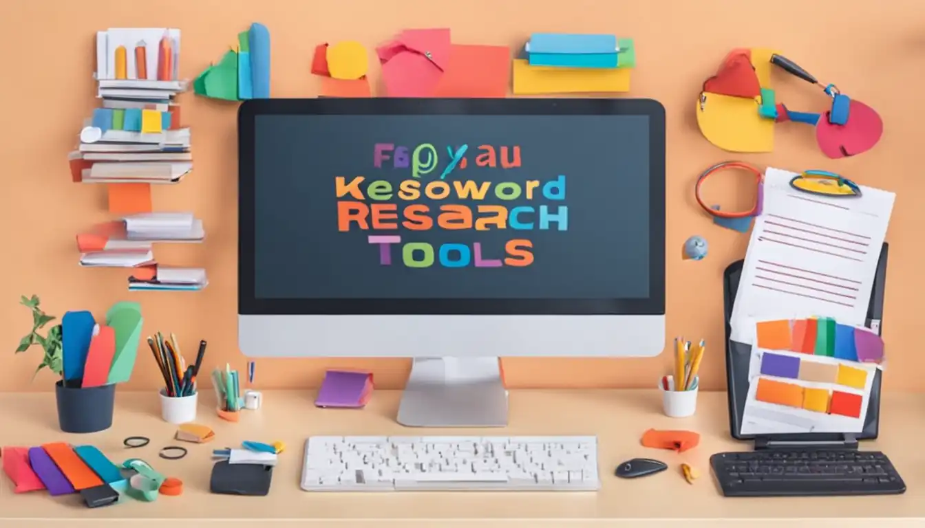 A colorful assortment of various sized and shaped keyword research tools on a sleek desk.