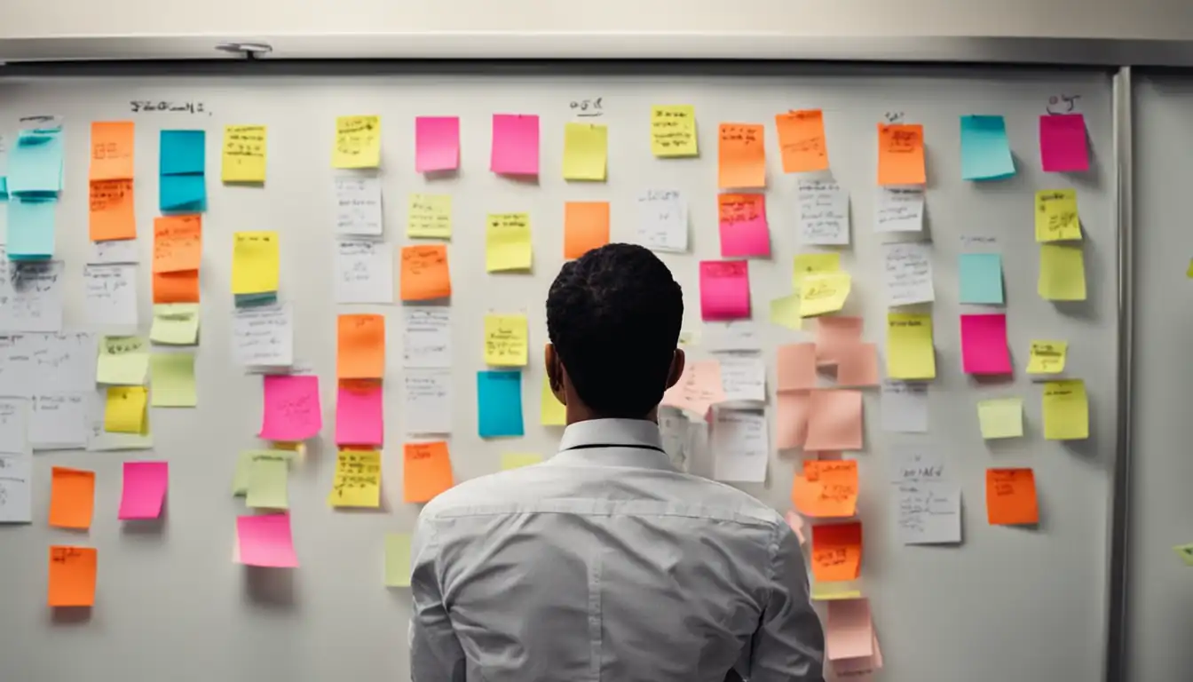 A person brainstorming with colorful sticky notes on a whiteboard, surrounded by markers and notebooks.