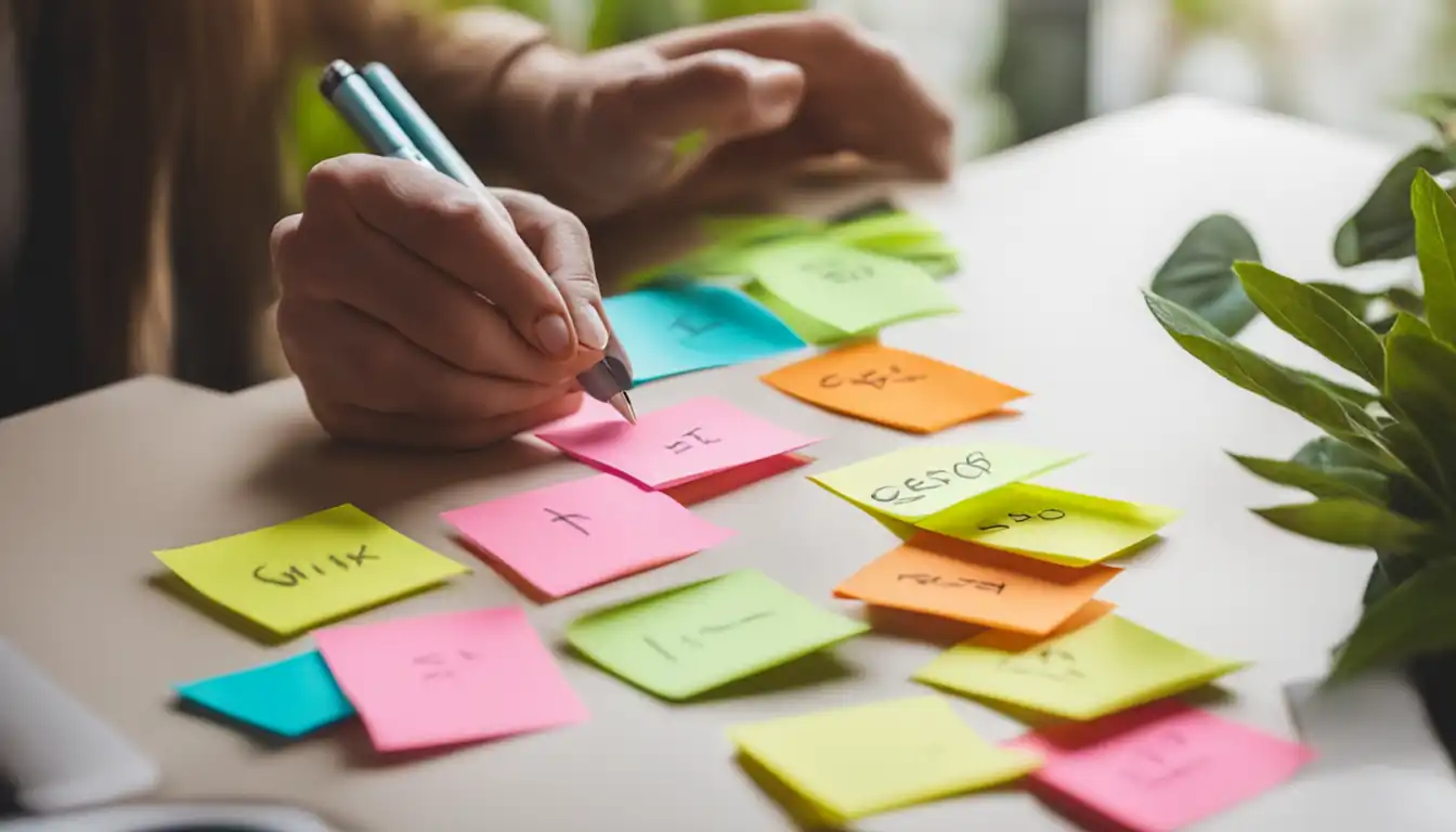 A person writing SEO keywords on colorful sticky notes surrounded by plants and natural light.