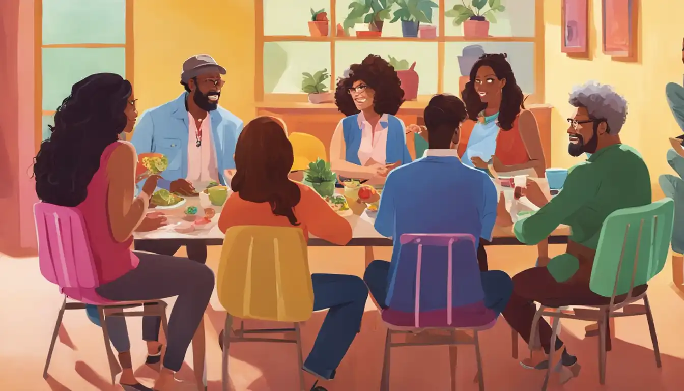 A diverse group of people engaging in a lively discussion around a colorful, inviting table.