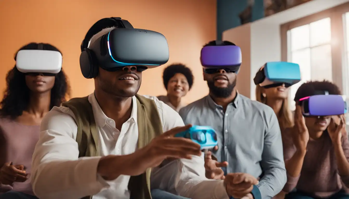 A colorful and interactive virtual reality headset being used by a diverse group of people.