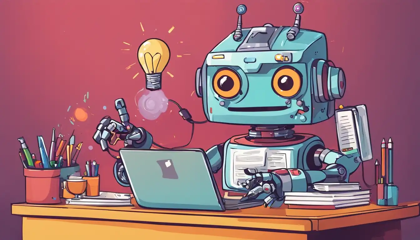 A cheerful cartoon robot assisting a writer with SEO content creation, surrounded by colorful digital tools.