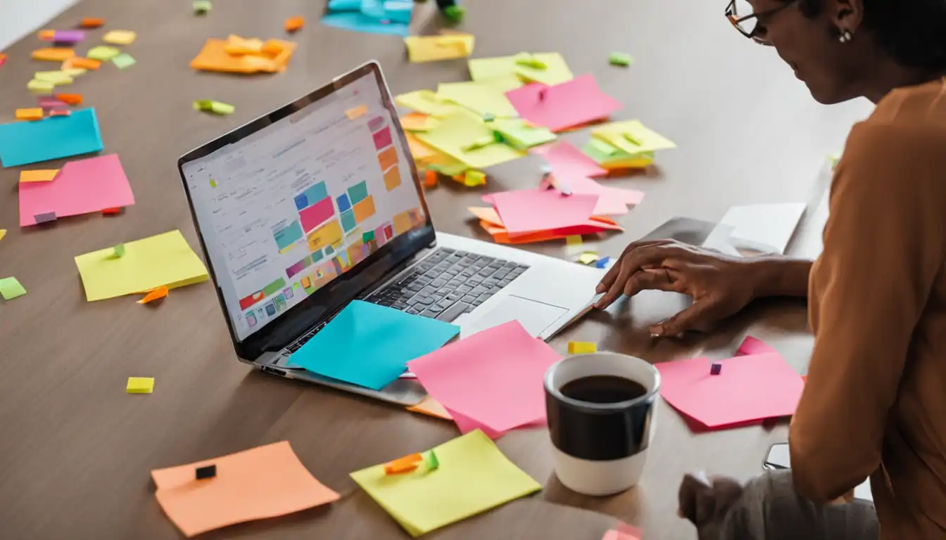 A person typing on a laptop surrounded by colorful sticky notes with various long-tail keywords.