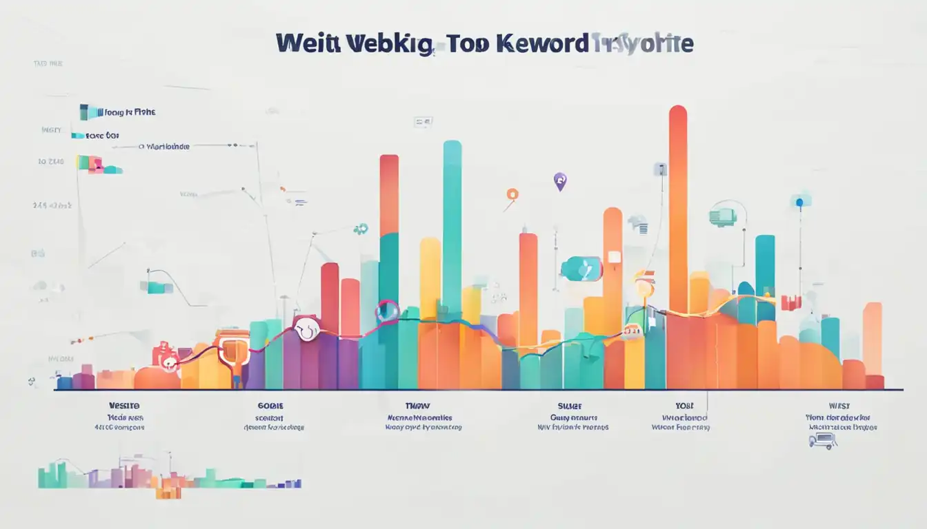 A colorful graph showing a gradual increase in website traffic over time, with various long-tail keywords highlighted.