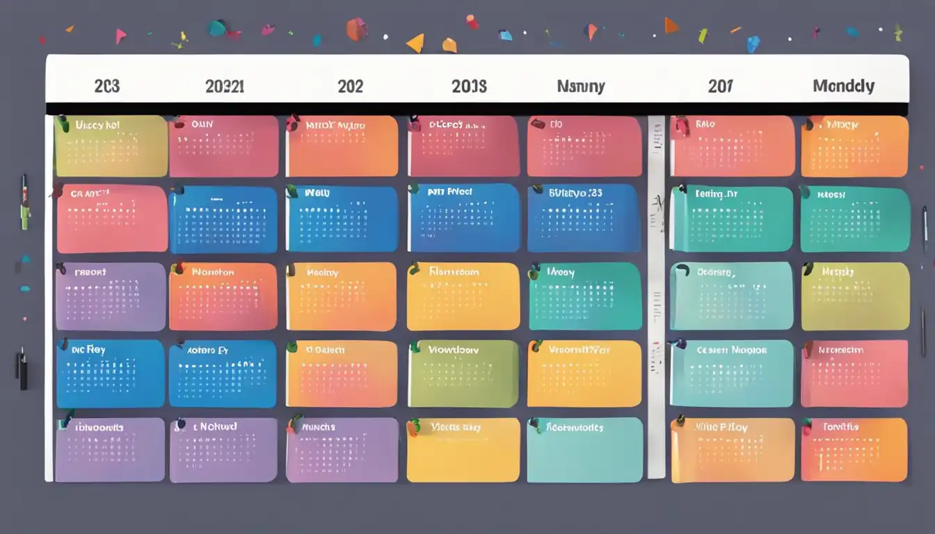 A colorful digital calendar with labeled categories for different types of content planning.