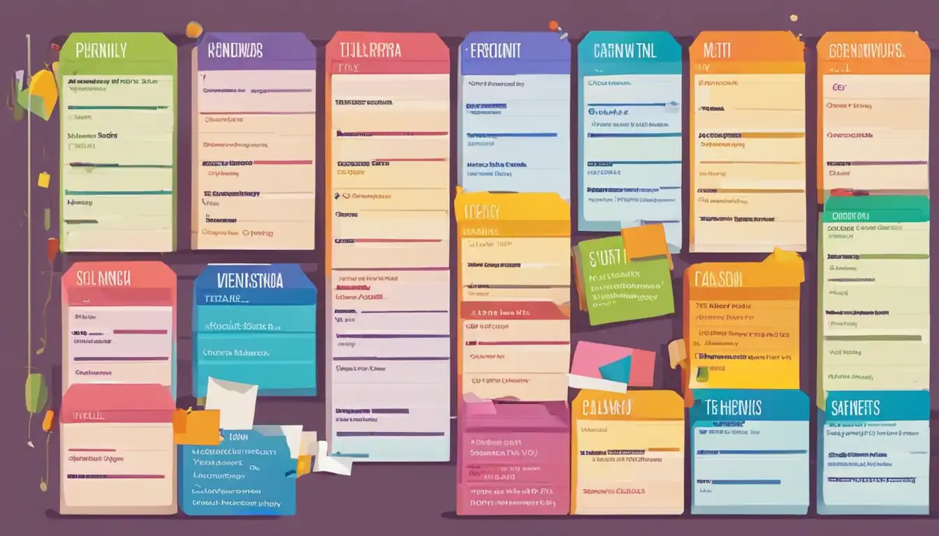 A colorful calendar with labeled categories for different types of content planning.