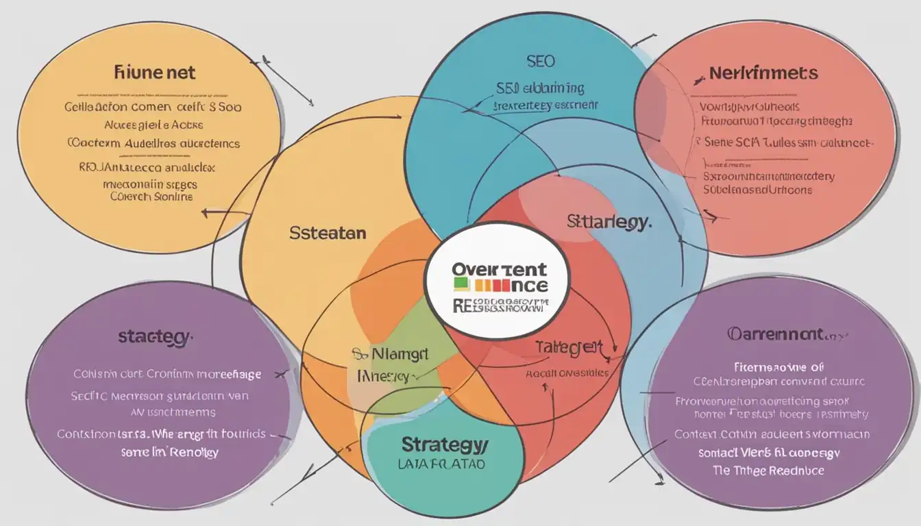 A colorful Venn diagram showing overlapping areas representing content analysis, SEO strategy, and target audience research.