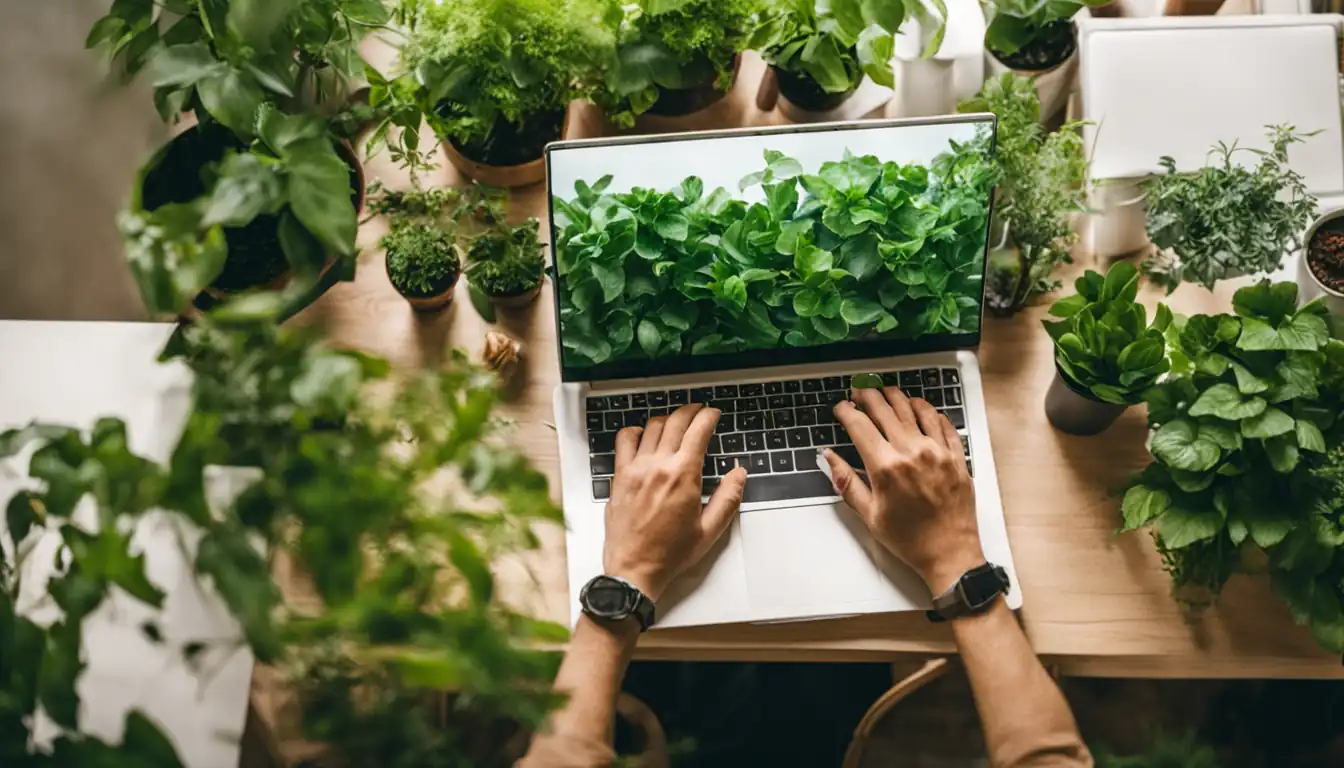 A person typing engaging SEO content on a laptop surrounded by green plants in a bright office.