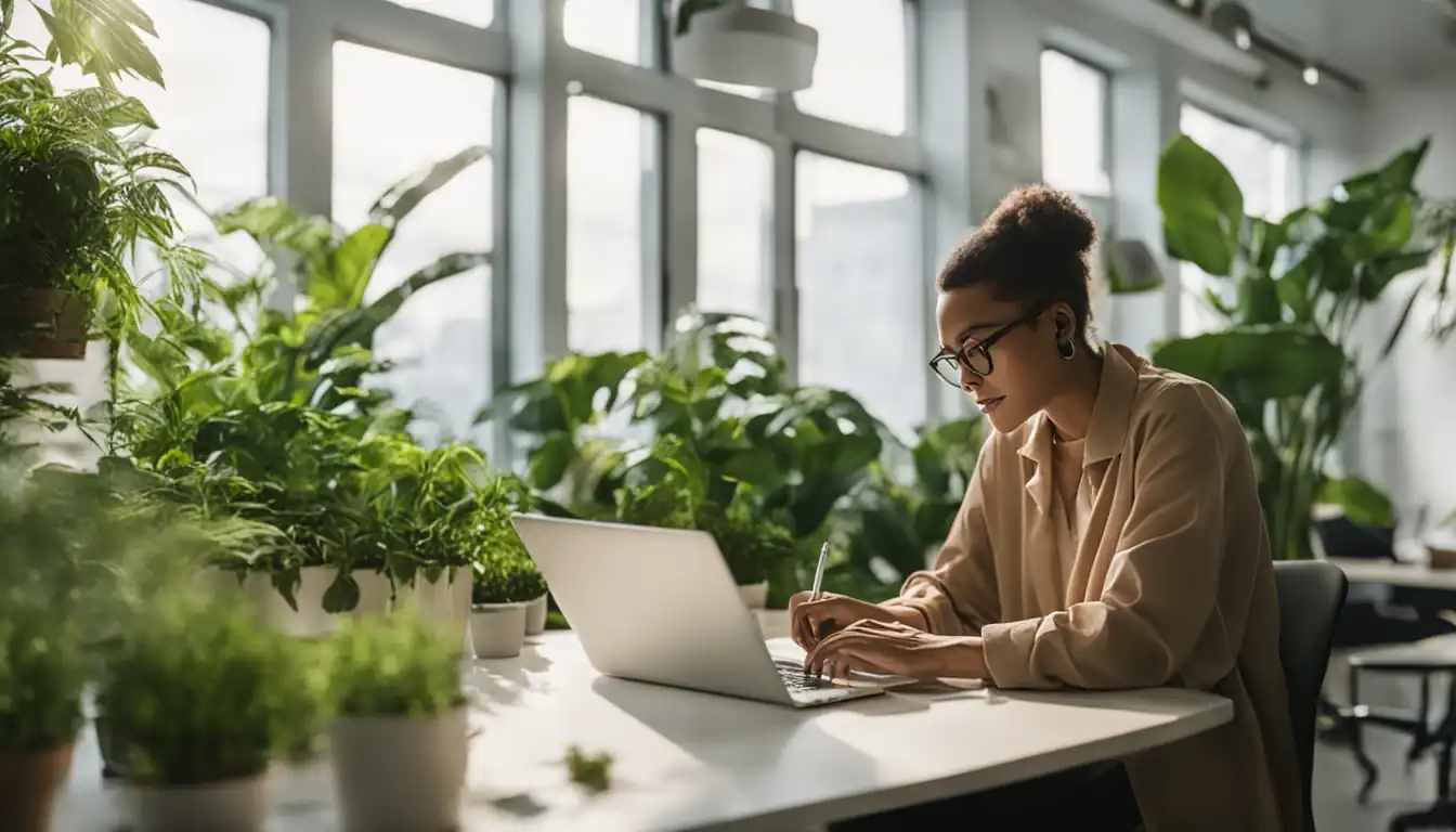 A person writing content on a laptop surrounded by green plants in a bright, modern office.