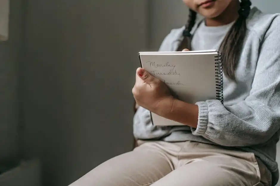 Crop unrecognizable girl in casual outfit sitting on chair and taking notes in copybook