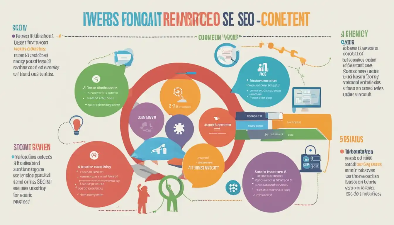 A colorful, engaging infographic showing the relationship between keywords, user intent, and content relevance for SEO.